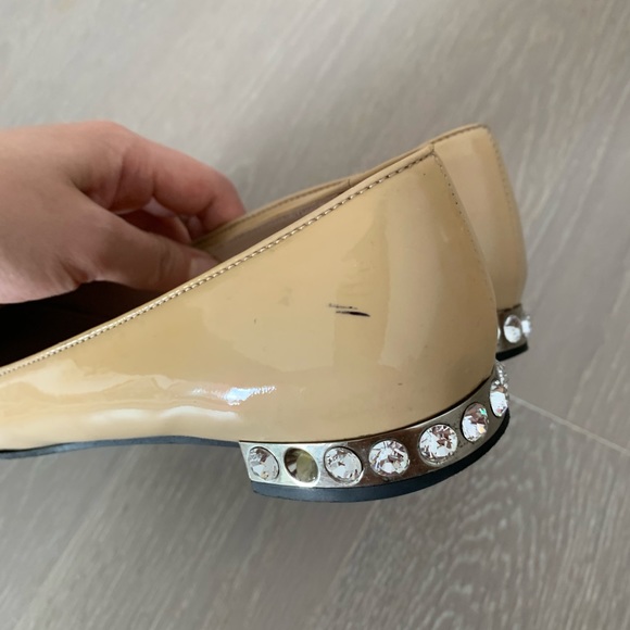 Miu Miu Vernice Cipria Beige Bow Patent Leather Jewel Heel Ballet Flats Size 37 - Picture 4 of 6